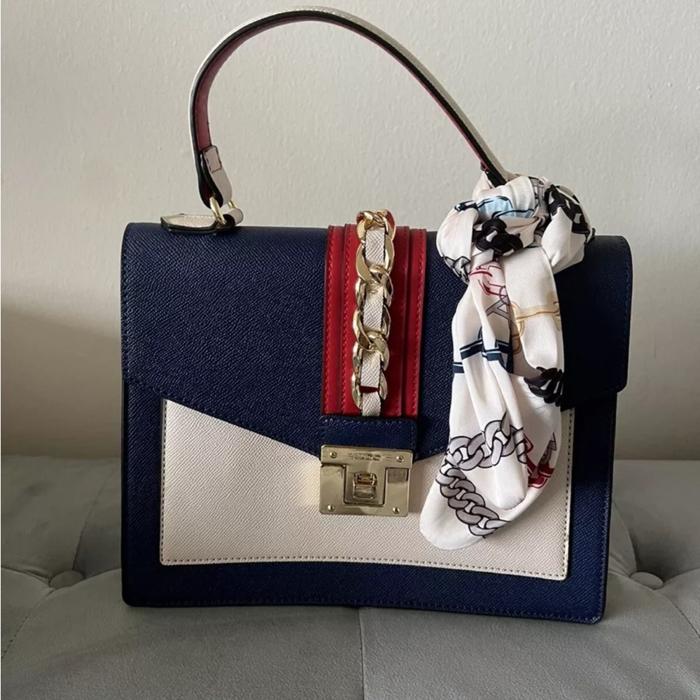 Aldo Women Purse/Handbag. Red Cream And Blue W/Accessory Scarf. Several Pockets